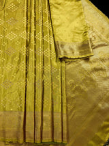 Mehendi Green Banarasi saree in banarasi semi mashru with muted gold zari weave on mashru — Kaash Collection