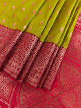 Mehandi Green with Red Color Banarasi Mashru Silk Saree - Kaash