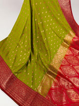 Mehandi Green with Red Color Banarasi Mashru Silk Saree - Kaash
