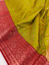 Mehandi Green with Red Color Banarasi Mashru Silk Saree - Kaash