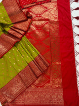 Mehandi Green with Red Color Banarasi Mashru Silk Saree - Kaash