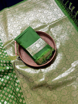 Mehendi Green (Heena Green) Banarasi saree in banarasi silk (non-pure) with small floral buttis in muted gold with grand pallu — Kaash Collection