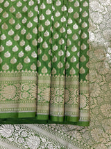 Mehendi Green (Heena Green) Banarasi saree in banarasi silk (non-pure) with small floral buttis in muted gold with grand pallu — Kaash Collection