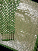 Mehendi Green (Heena Green) Banarasi saree in banarasi silk (non-pure) with small floral buttis in muted gold with grand pallu — Kaash Collection