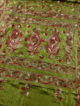 Mehndi Green Color Bangalori Silk Saree with Hand Kantha Stitch | Handwoven Kantha Stitch Sarees | Kantha Saress | Silk Sarees - Kaash