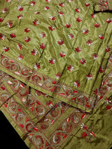 Mehndi Green Color Bangalori Silk Saree with Hand Kantha Stitch | Handwoven Kantha Stitch Sarees | Kantha Saress | Silk Sarees - Kaash