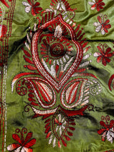 Mehndi Green Color Bangalori Silk Saree with Hand Kantha Stitch | Handwoven Kantha Stitch Sarees | Kantha Saress | Silk Sarees - Kaash