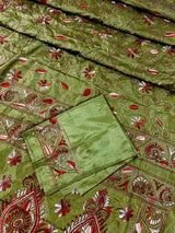 Mehndi Green Color Bangalori Silk Saree with Hand Kantha Stitch | Handwoven Kantha Stitch Sarees | Kantha Saress | Silk Sarees - Kaash