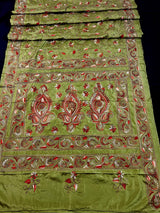 Mehndi Green Color Bangalori Silk Saree with Hand Kantha Stitch | Handwoven Kantha Stitch Sarees | Kantha Saress | Silk Sarees - Kaash