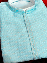 Men Sky Blue Zari Diamond Weave Jacquard Kurta - Wedding & Festive Outfit - Kaash