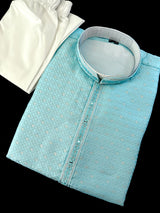 Men Sky Blue Zari Diamond Weave Jacquard Kurta - Wedding & Festive Outfit - Kaash