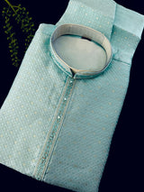 Men Sky Blue Zari Diamond Weave Jacquard Kurta - Wedding & Festive Outfit - Kaash