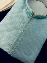 Men Sky Blue Zari Diamond Weave Jacquard Kurta - Wedding & Festive Outfit - Kaash