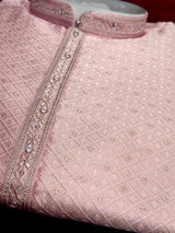 Mens Baby Pink Color Zari Diamond Weave Jacquard Kurta - Wedding & Festive Outfit - Kaash