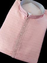 Mens Baby Pink Color Zari Diamond Weave Jacquard Kurta - Wedding & Festive Outfit - Kaash