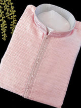 Mens Baby Pink Color Zari Diamond Weave Jacquard Kurta - Wedding & Festive Outfit - Kaash