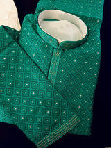 Emerald Green men's kurta pajama in premium silk blend (self-patt) with self-patt wedding silk blend weave — Kaash Collection
