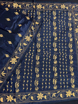 Midnight Blue Color Bangalori Silk Saree with Hand Kantha Stitch - Kaash
