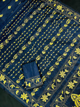 Midnight Blue Color Bangalori Silk Saree with Hand Kantha Stitch | Handwoven Kantha Stitch Sarees | Kantha Saress | Silk Sarees - Kaash