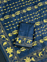 Midnight Blue Color Bangalori Silk Saree with Hand Kantha Stitch | Handwoven Kantha Stitch Sarees | Kantha Saress | Silk Sarees - Kaash