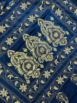 Midnight Blue Color Bangalori Silk Saree with Hand Kantha Stitch | Handwoven Kantha Stitch Sarees | Kantha Saress | Silk Sarees - Kaash