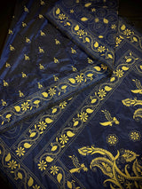 Midnight Blue with Raw Yellow Kantha hand Kantha stitch saree on Bangalori silk — Kaash Collection