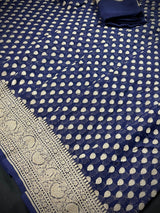 Silk Mark Certified Midnight Blue Pure Khaddi Georgette saree in pure khaddi georgette silk with muted gold zari handweaving on khaddi georgette — Kaash Collection