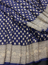 Silk Mark Certified Midnight Blue Pure Khaddi Georgette saree in pure khaddi georgette silk with muted gold zari handweaving on khaddi georgette — Kaash Collection