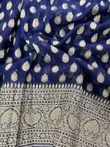 Silk Mark Certified Midnight Blue Pure Khaddi Georgette saree in pure khaddi georgette silk with muted gold zari handweaving on khaddi georgette — Kaash Collection