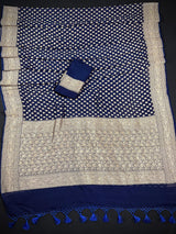 Midnight Blue Color Pure Banarasi Khaddi Georgette Silk Saree with Muted Gold Zari Weaving | Grand Borders | SILK MARK CERTIFIED - Kaash