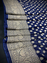 Midnight Blue Color Pure Banarasi Khaddi Georgette Silk Saree with Muted Gold Zari Weaving | Grand Borders | SILK MARK CERTIFIED - Kaash