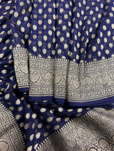 Midnight Blue Color Pure Banarasi Khaddi Georgette Silk Saree with Muted Gold Zari Weaving | Grand Borders | SILK MARK CERTIFIED - Kaash