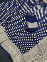 Midnight Blue Color Pure Banarasi Khaddi Georgette Silk Saree with Muted Gold Zari Weaving | Grand Borders | SILK MARK CERTIFIED - Kaash