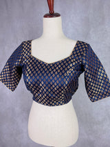 Midnight Blue Color Readymade Blouse with Gold Buttis in Pure Banarasi Silk - Kaash