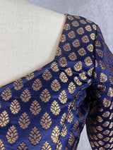 Midnight Blue Color Readymade Blouse with Gold Buttis in Pure Banarasi Silk - Kaash