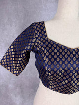 Midnight Blue Color Readymade Blouse with Gold Buttis in Pure Banarasi Silk | Readymade Blouses | Blue Color Blouse | Stitched Blouse - Kaash