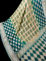 Mint Green and Teal pure khaddi georgette silk saree with bandhej (bandhani) handwoven — Kaash Collection