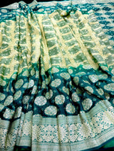 Mint Green and Teal pure khaddi georgette silk saree with bandhej (bandhani) handwoven — Kaash Collection