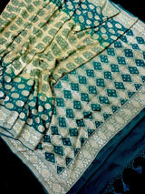 Mint Green and Teal pure khaddi georgette silk saree with bandhej (bandhani) handwoven — Kaash Collection