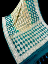 Mint Green and Teal pure khaddi georgette silk saree with bandhej (bandhani) handwoven — Kaash Collection