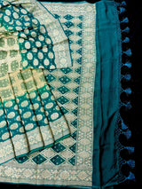 Mint Green and Teal pure khaddi georgette silk saree with bandhej (bandhani) handwoven — Kaash Collection