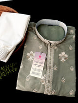 Moss Green Soft Silk Men Kurta Pajama with Embroidery and Zari Weave - Kaash