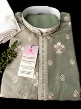 Moss Green Soft Silk Men Kurta Pajama with Embroidery and Zari Weave - Kaash