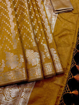 Mud Gold Color Semi Banarasi Silk Saree with Muted Gold Zari Weave - Kaash
