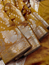 Mud Gold Color Semi Banarasi Silk Saree with Muted Gold Zari Weave - Kaash