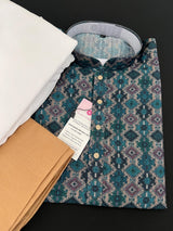 Multi-Color Ikkat (Bottle Green Base) men's kurta pajama in soft silk (crepe-like) with ikkat digital print — Kaash Collection
