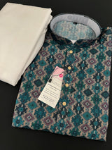 Multi-Color Ikkat (Bottle Green Base) men's kurta pajama in soft silk (crepe-like) with ikkat digital print — Kaash Collection
