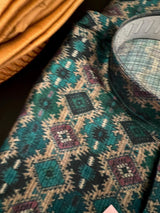 Multi-Color Ikkat (Bottle Green Base) men's kurta pajama in soft silk (crepe-like) with ikkat digital print — Kaash Collection