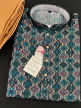 Multi-Color Ikkat (Bottle Green Base) men's kurta pajama in soft silk (crepe-like) with ikkat digital print — Kaash Collection