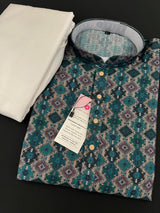 Multi Color Soft Men Kurta in Ikkat Digital Prints with Bottle Green Base | Soft Silk Kurta for Men | Men Ethnic Wear - Kaash